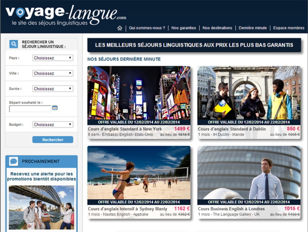 Voyage-langue.com applique le modèle connu des séjours touristiques promotionnels - du type LastMinute.com, au secteur des voyages linguistiques - DR