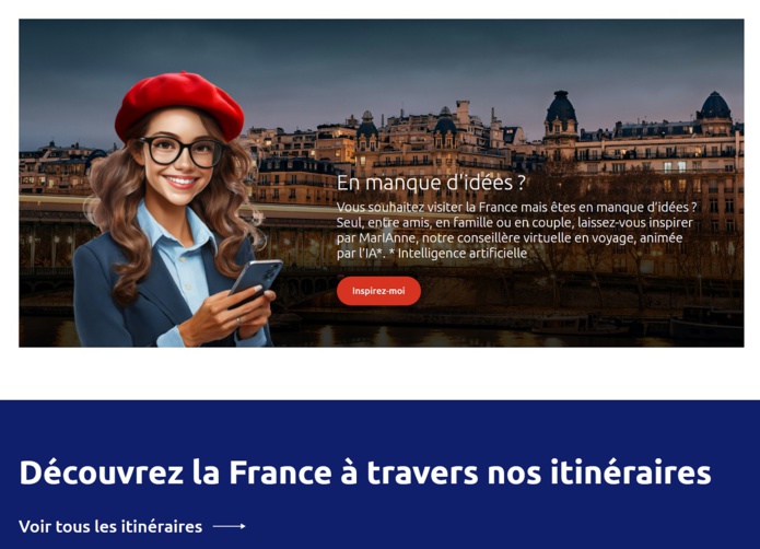 Un travel planner, alimenté par l’IA, a été intégré à France.fr. En complément, le chatbot "MarIAnne", intervient en tant que guide virtuel - Capture écran Atout France