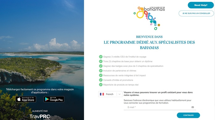 Le site elearning des Bahamas pour les pros du tourisme français - Photo Capture écran