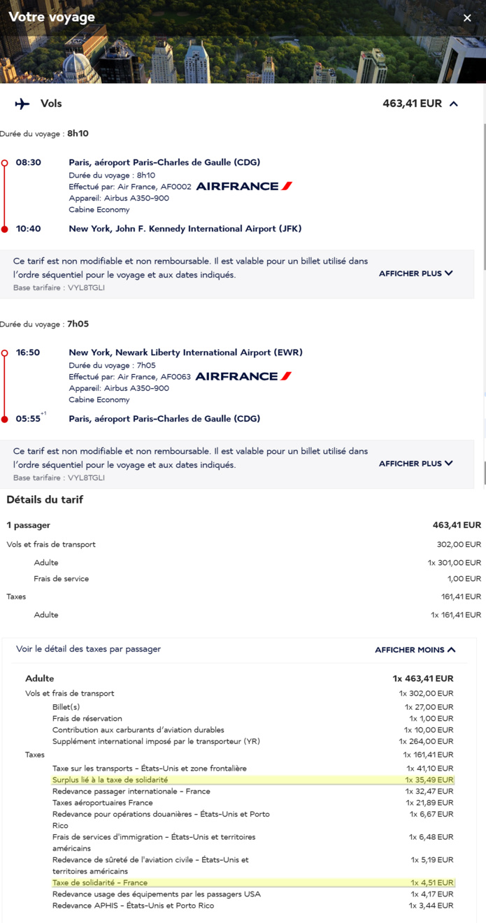 Simulation pour un billet Paris - New York après le 1er janvier 2025 sur le site d'Air France - Capture écran