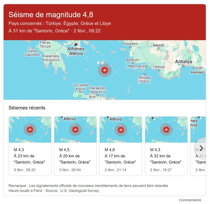 Séisme Santorin : plus de 200 secousses ont été enregistrées ce week-end en Grèce - Photo Google