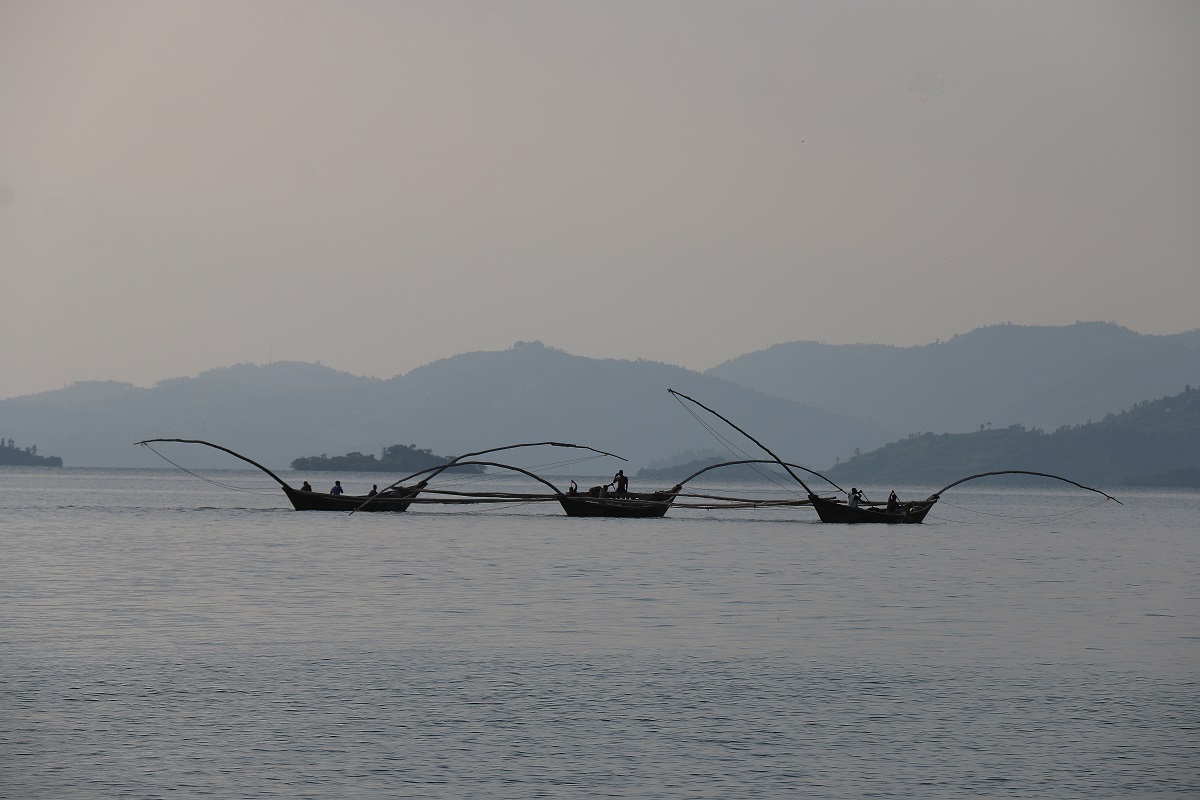 Au bord du lac Kivu, frontalier avec la République Démocratique du Congo. Les pêcheurs travaillent toujours avec des barques traditionnelles, réunies par trois. - photo JFR