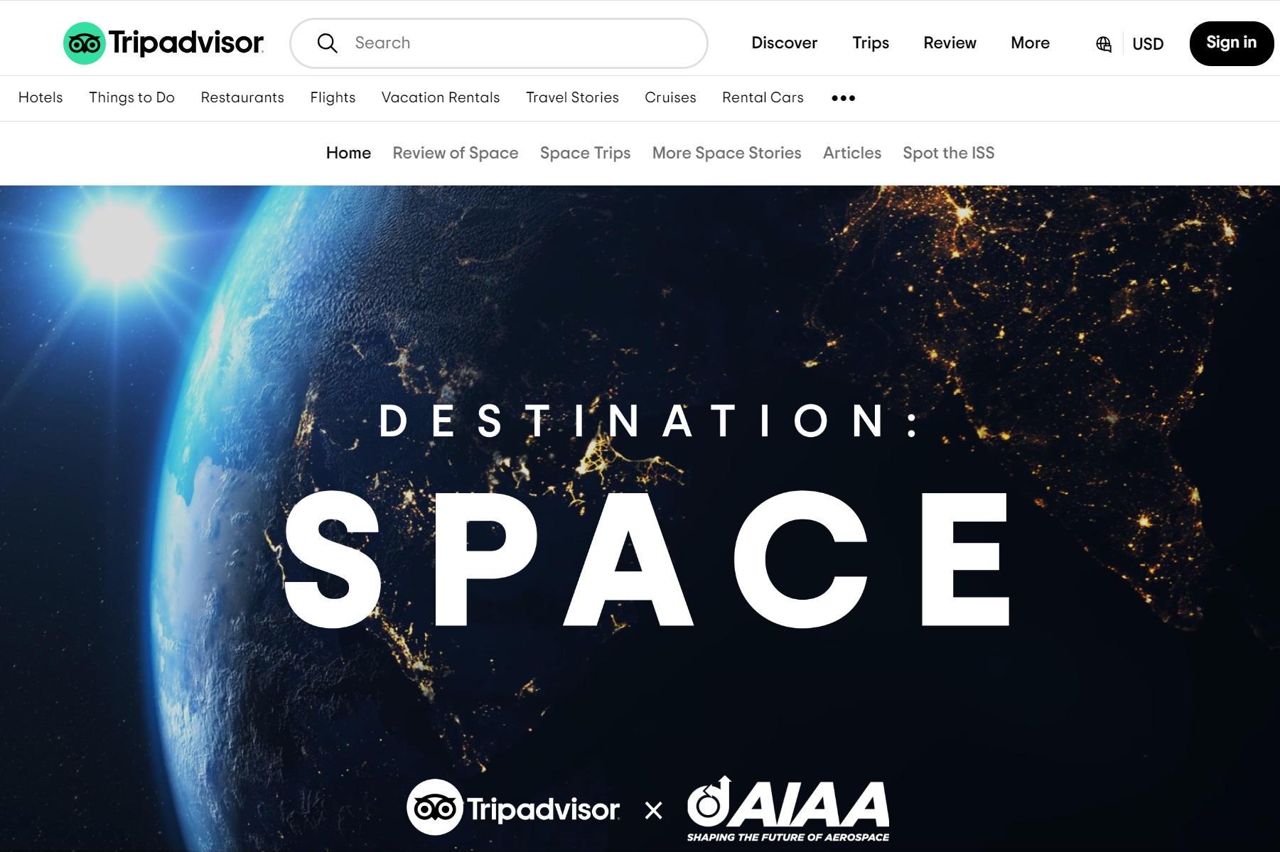 TripAdvisor et l'AIAA ont lancé une plateforme "Destination Space" - Capture écran