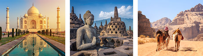 Taj Mahal (Inde) / Borobudur (Indonésie) / Pétra (Jordanie) © Shutterstock