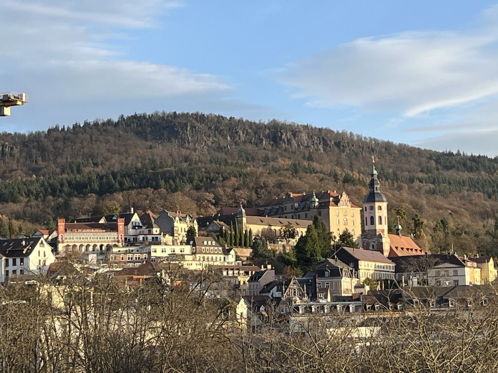 Le Palais Renaissance du Margrave de Bade et juste devant, l'église catholique, vus depuis une chambre de Maison Messmer (©PB)