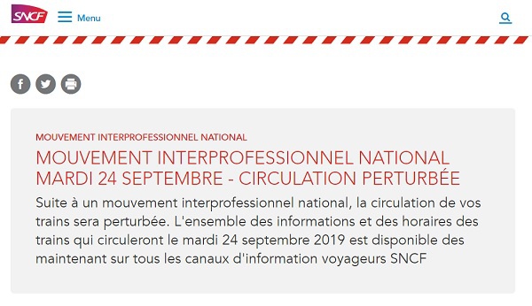 Grève SNCF : trafic perturbé sur l'ensemble du réseau national mardi 24 septembre 2019