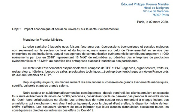 Coronavirus : l'association des pros de l'événementiel écrit au 1er ministre